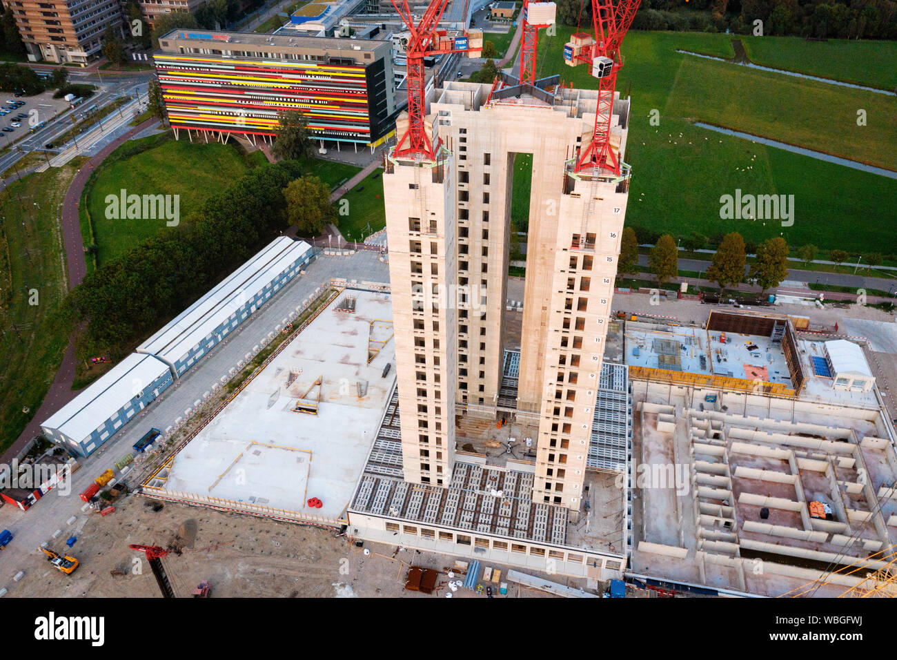 Aerial of the new RIVM & CBG building on the Uithof in Utrecht, the Netherlands, in the evening sun Stock Photo