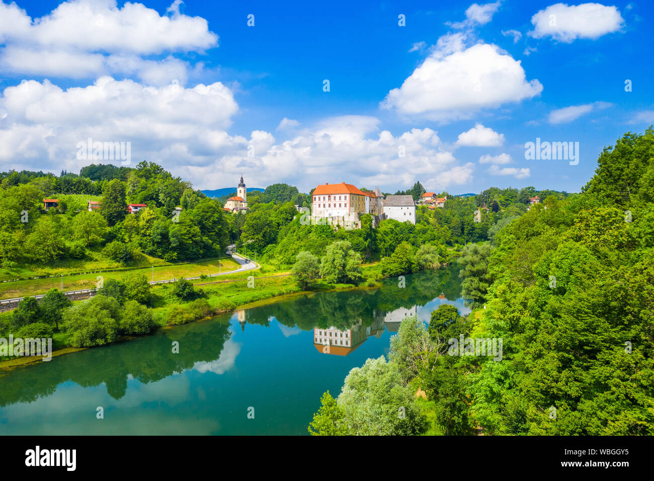 Panoramic view of the river Kupa and Ozalj Castle in the town of Ozalj, Croatia, drone aerial shot Stock Photo