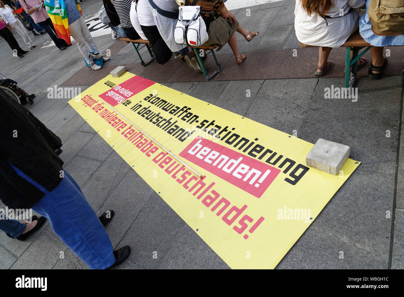 Munich, Germany. 6th Aug, 2019. Rally 'Our future - Without nuclear weapons, Europe must not become a nuclear battlefield' on 6 August 2019. Stock Photo