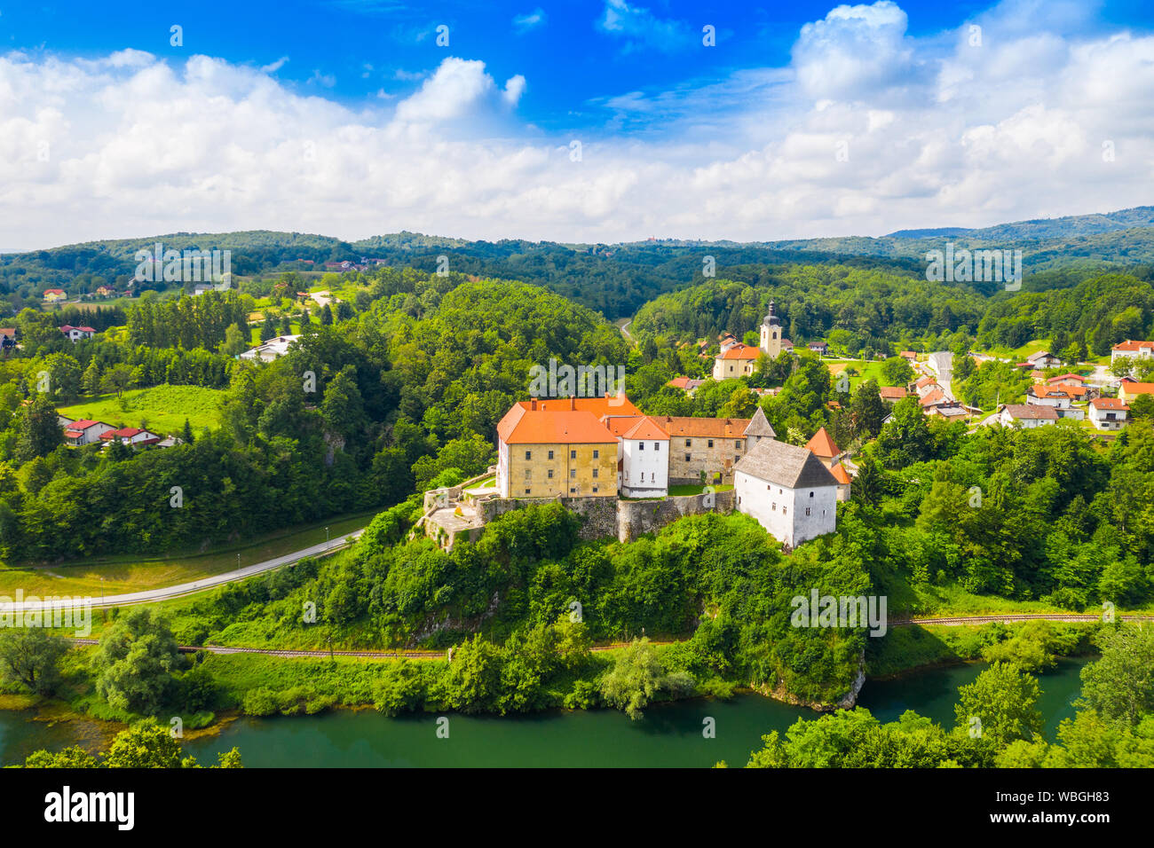 Panoramic view of the river Kupa and Ozalj Castle in the town of Ozalj, Croatia, drone aerial shot Stock Photo