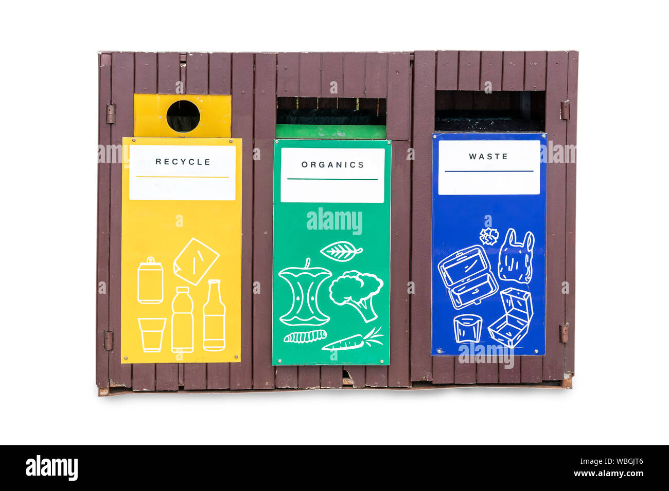 yellow,green,blue recycle bins isolated on white background. Waste separation trash sign and symbol made of wooden. clipping paths Stock Photo