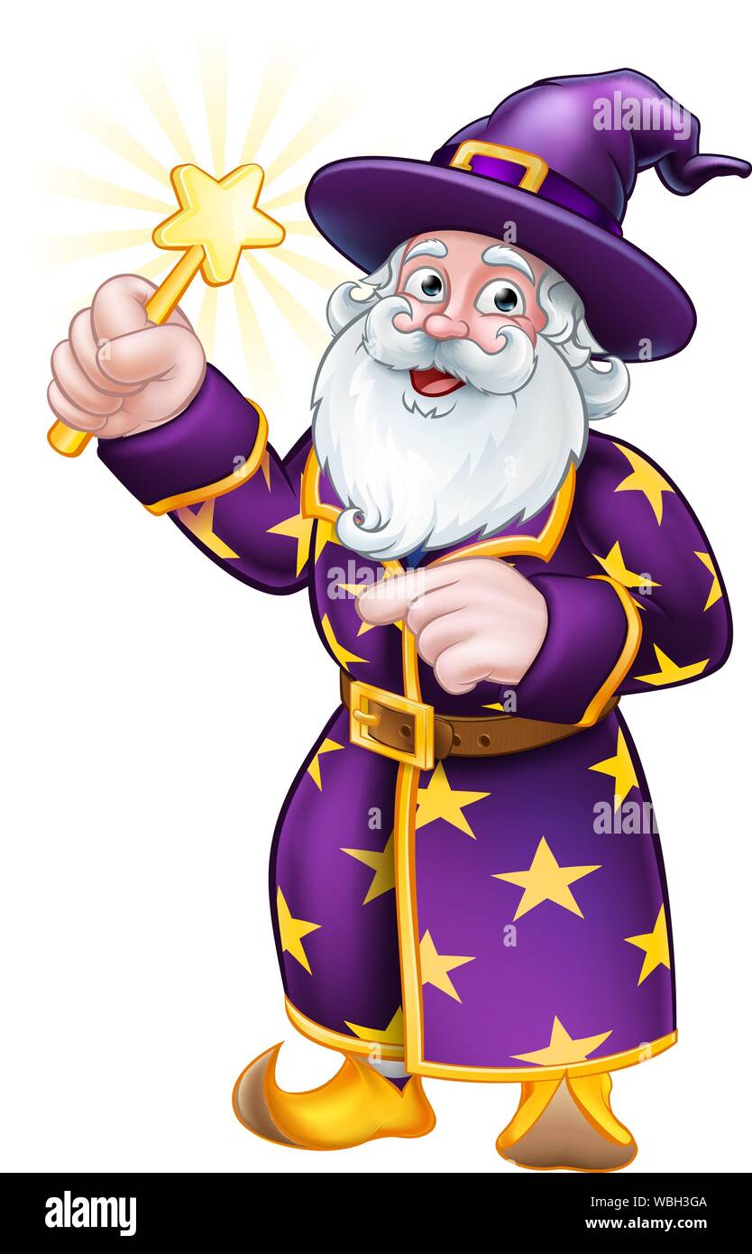 Wizard with Wand Pointing Cartoon Character Stock Vector