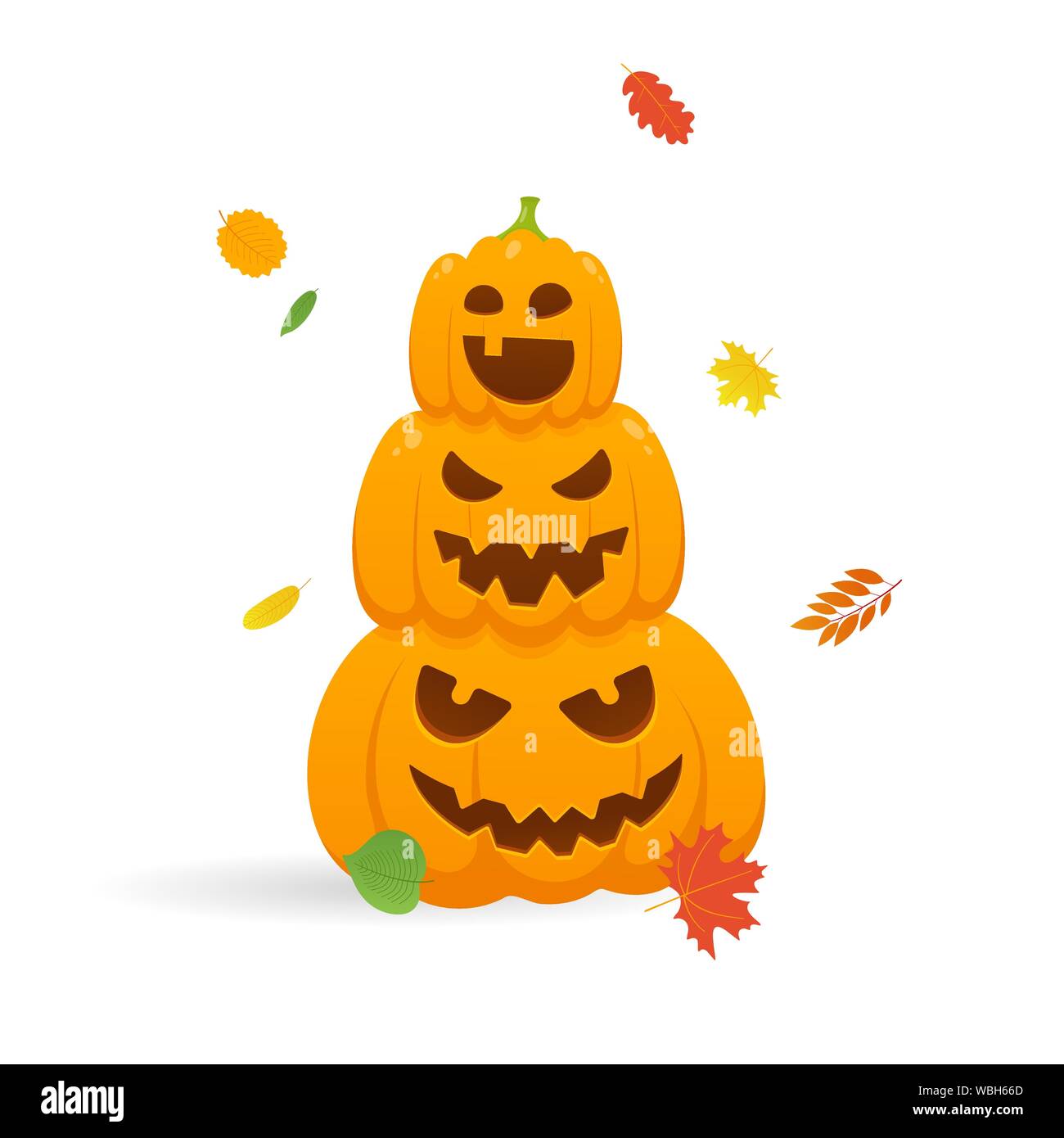Pile of orange halloween pumpkins set with scary faces expression ...