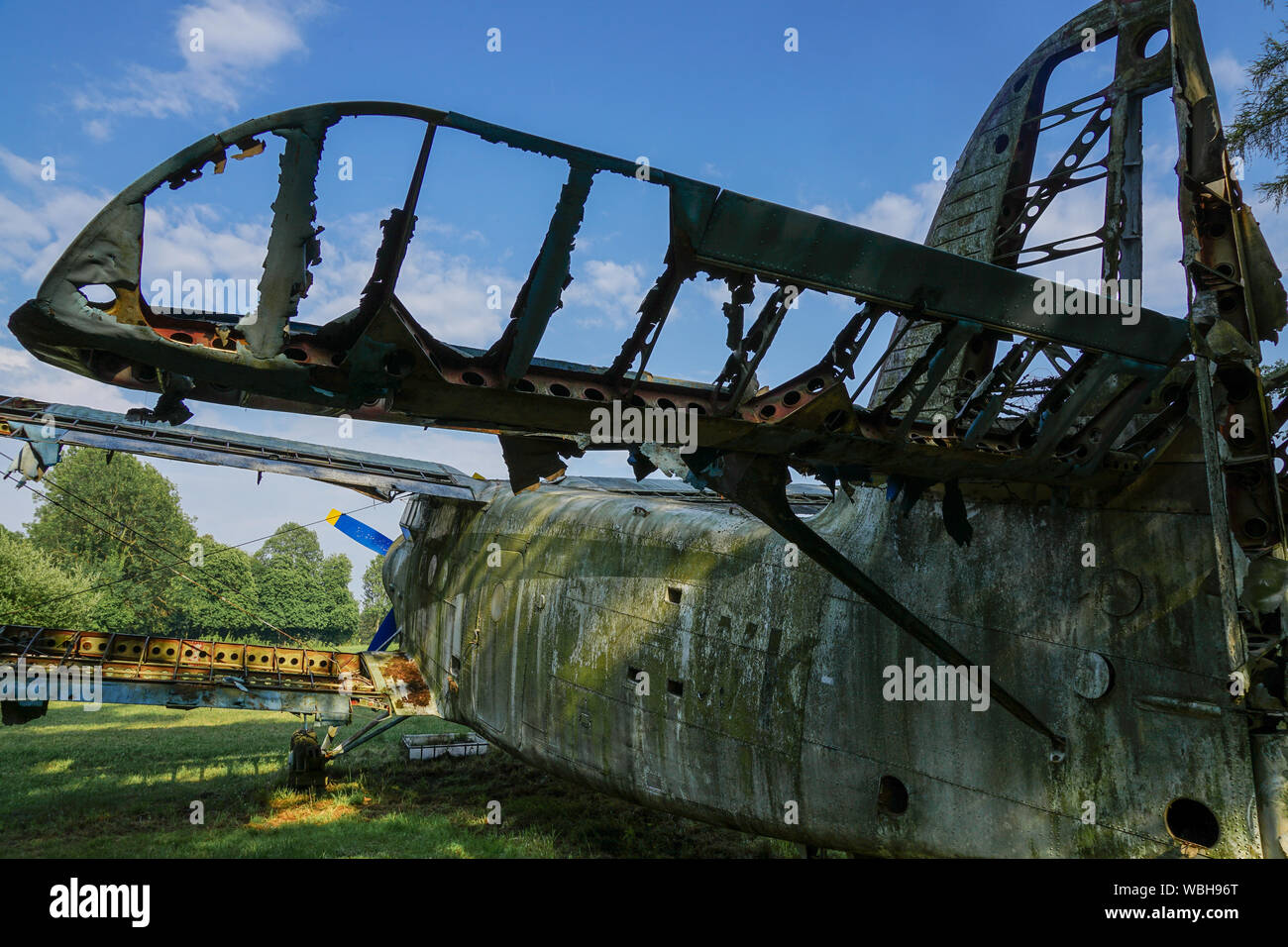 Rotting planes: Tail rudder construction of a derelict Antonow An-2 Stock Photo