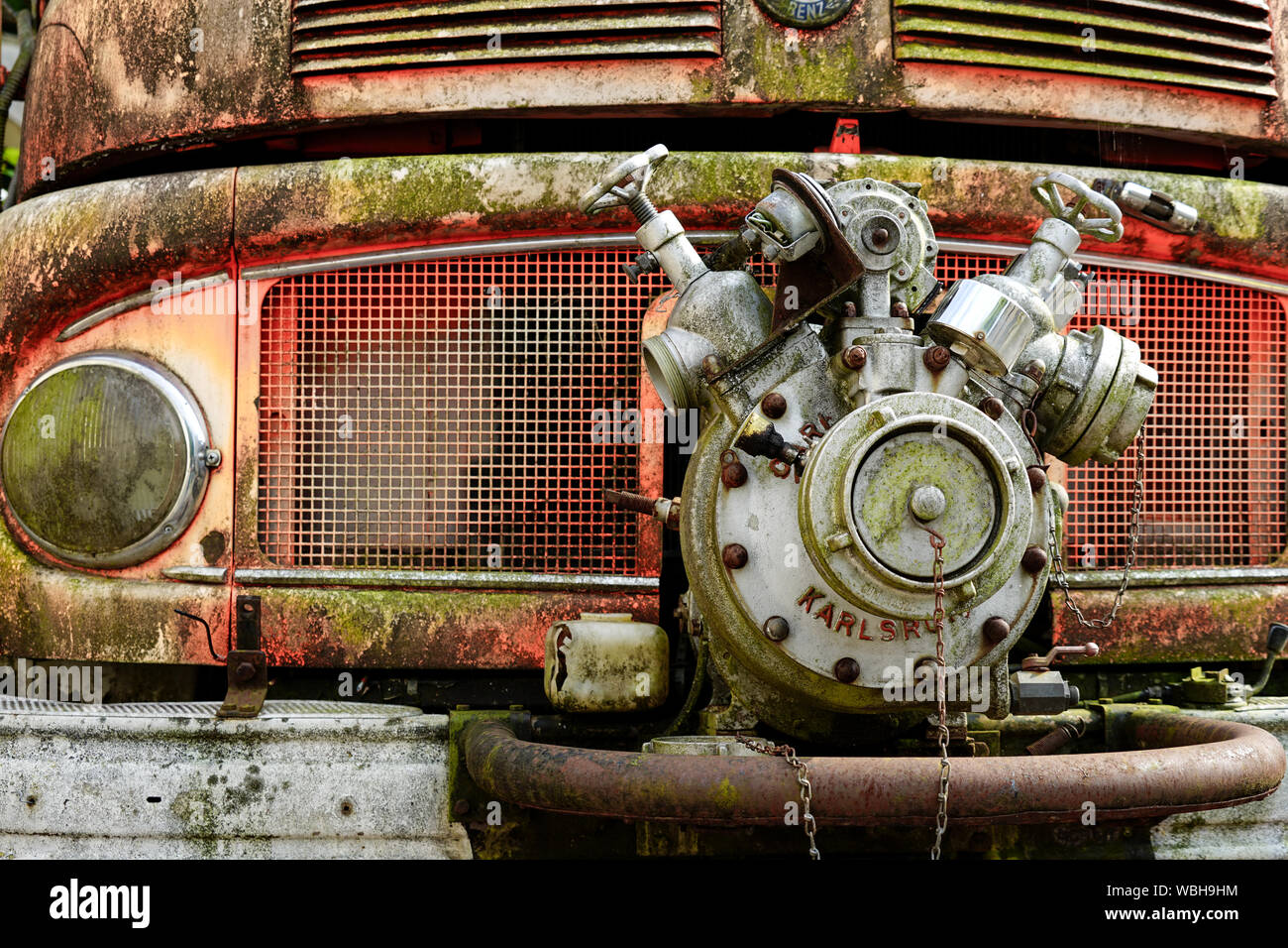 Partial front view of a derelict Mercedes Benz 710 fire engine Stock Photo