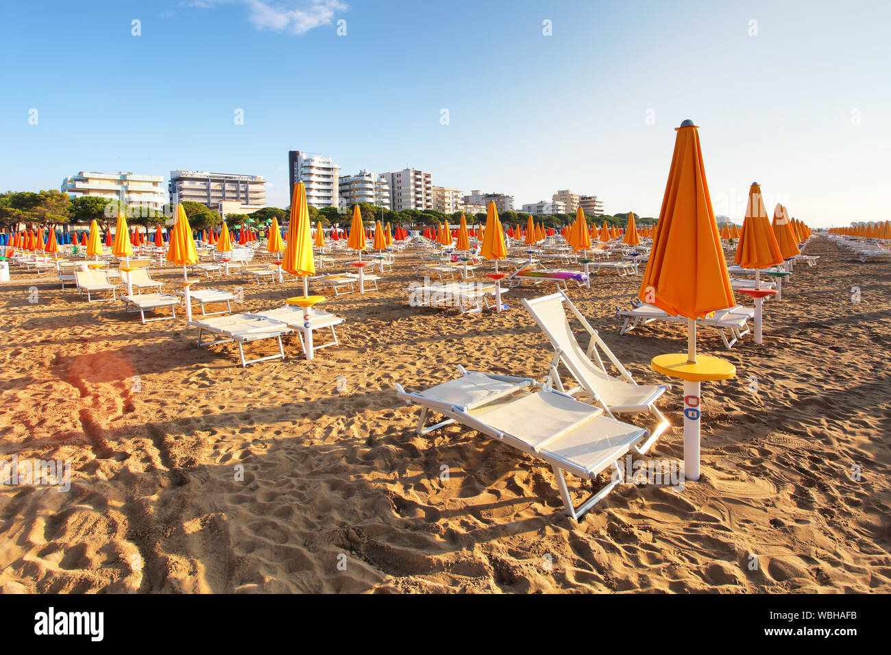 Beach On the Sea. Adriatic sea with shore. Lignano Sabbiadoro, Italy. Stock Photo