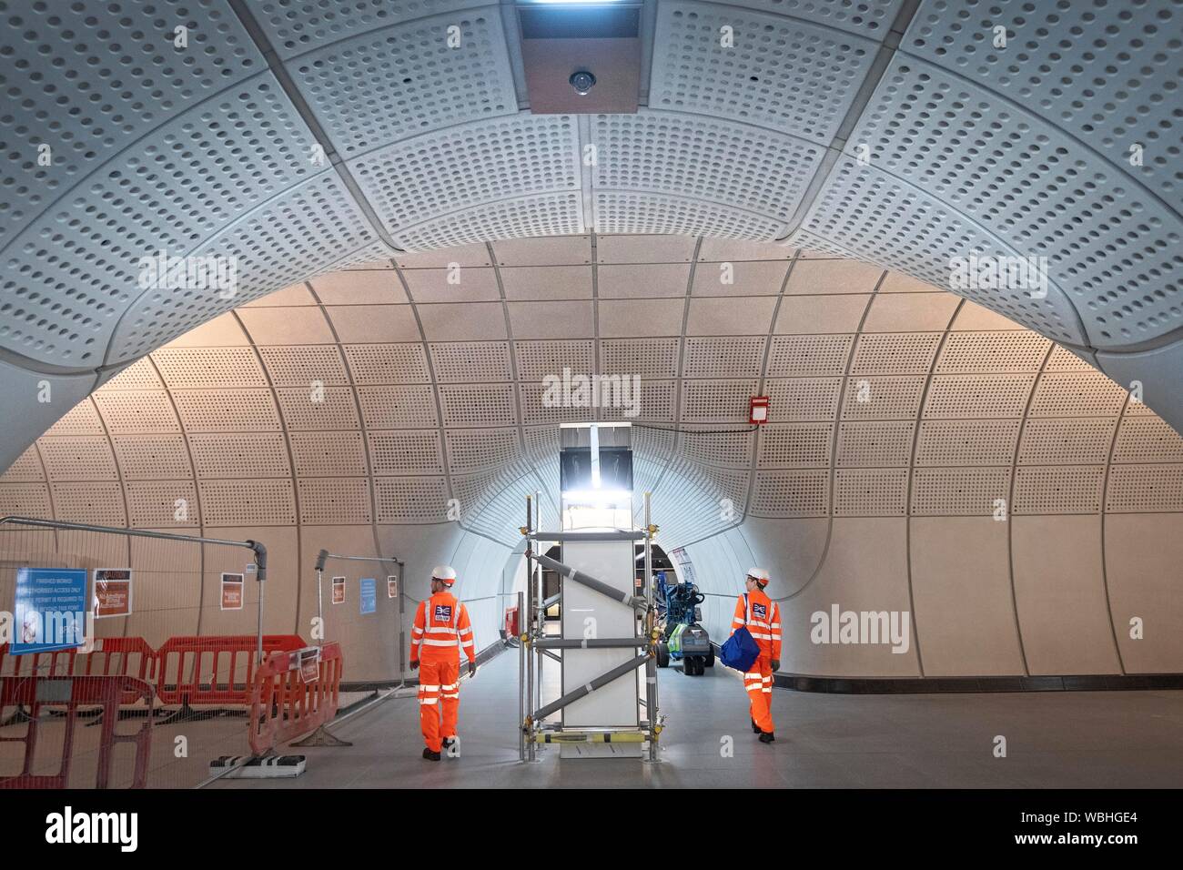 A walkway for the new Elizabeth Line at Farringdon station in London as the latest developments in the Crossrail project continue. Stock Photo