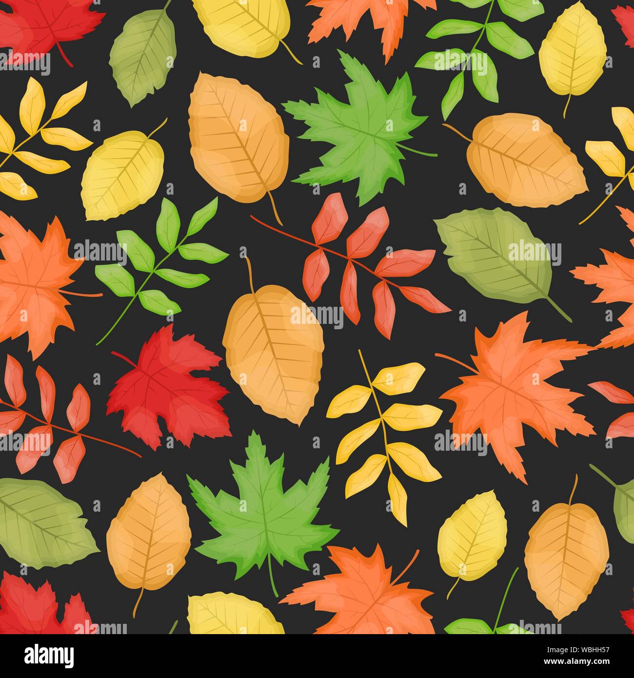 Autumn seamless pattern with fallen leaves on the black background. Flat vector background Stock Vector