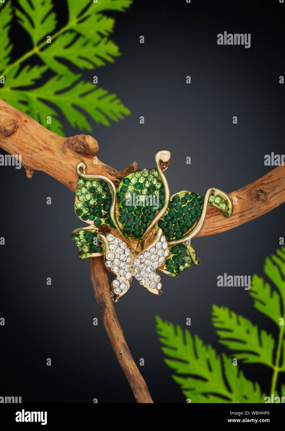 Golden Jewelry ring with gems on branch with leafs Stock Photo
