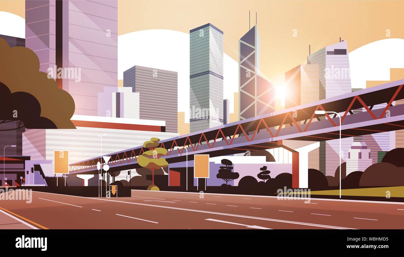 highway road to city skyline with modern skyscrapers and subway ...