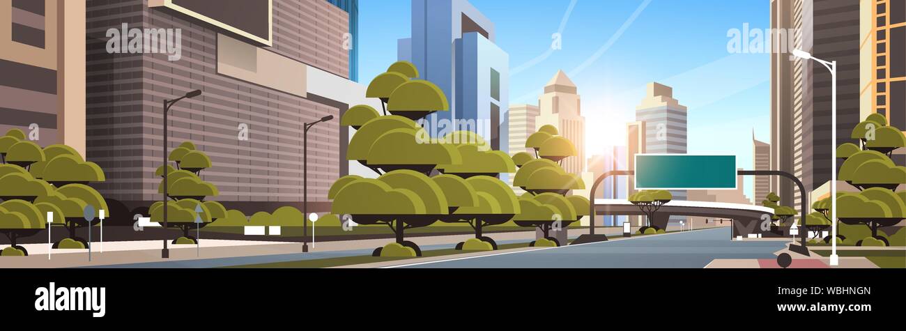 Asphalt Road With Information Banner Traffic Signs City Skyline
