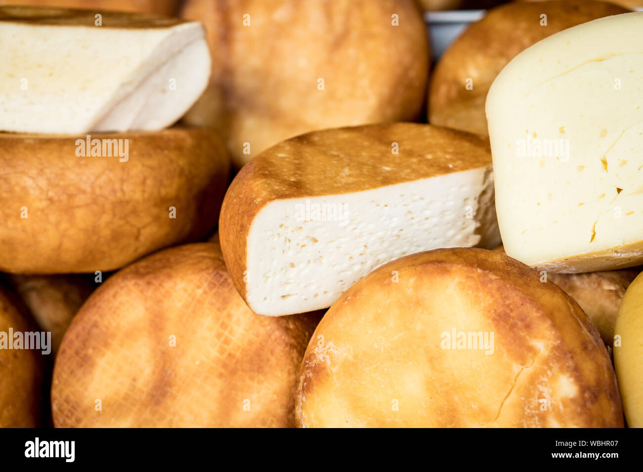 Traditional romanian smoked sheep cheese cas Stock Photo