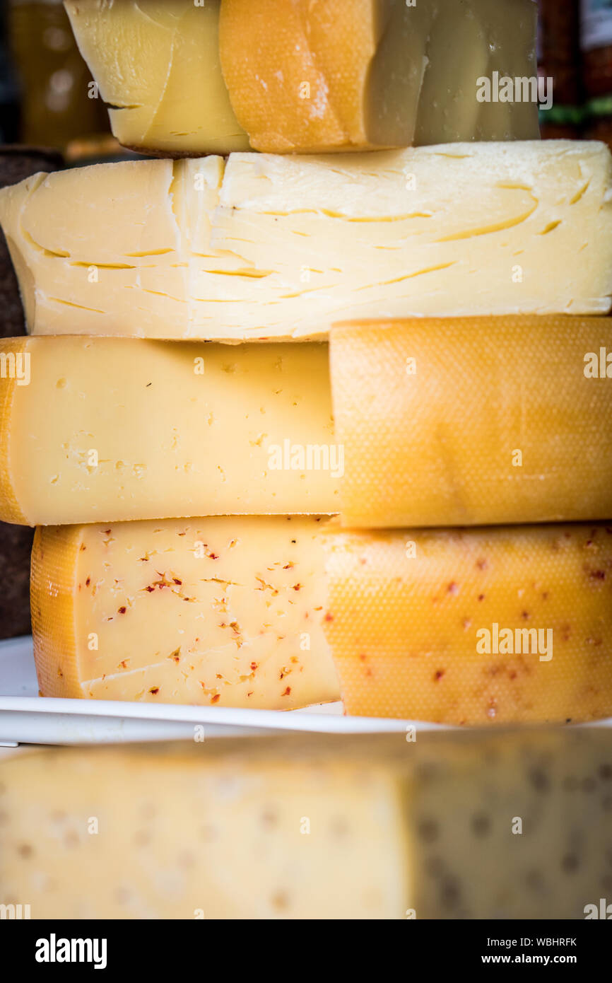 Traditional Romanian cheese Nasal sold on a local market Stock Photo