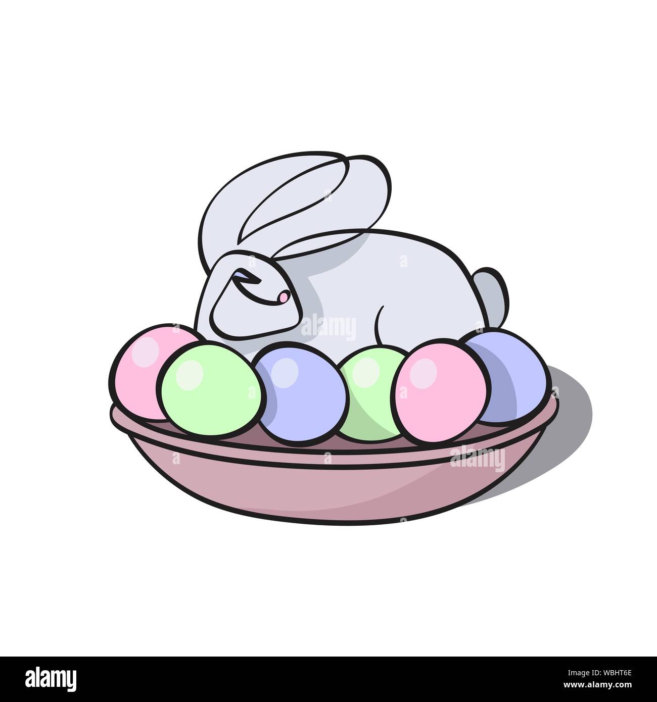 Rabbit sitting in a basket with Easter eggs. Picture isolated on white ...