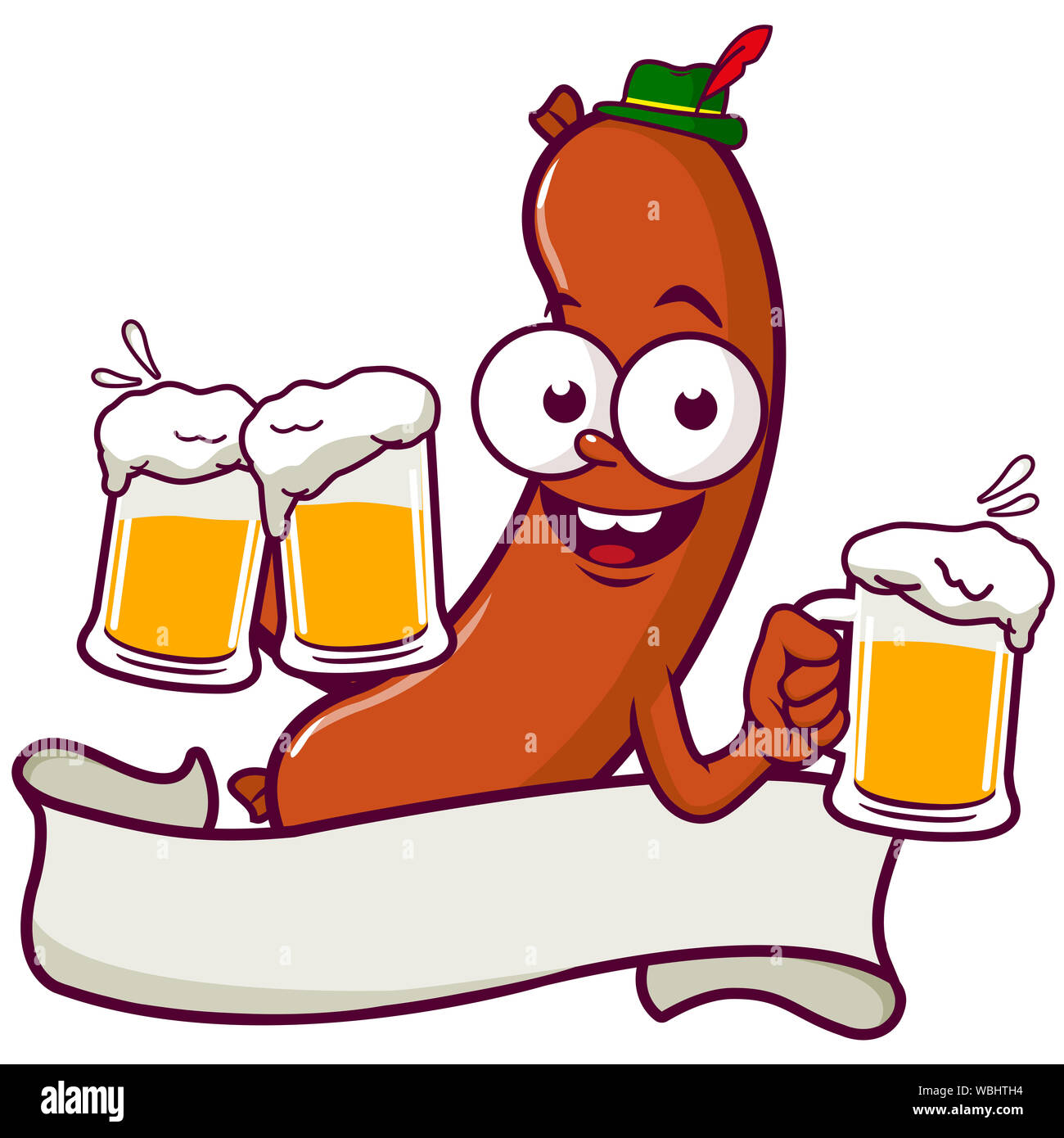 Cartoon Sausage serving beer. Stock Photo