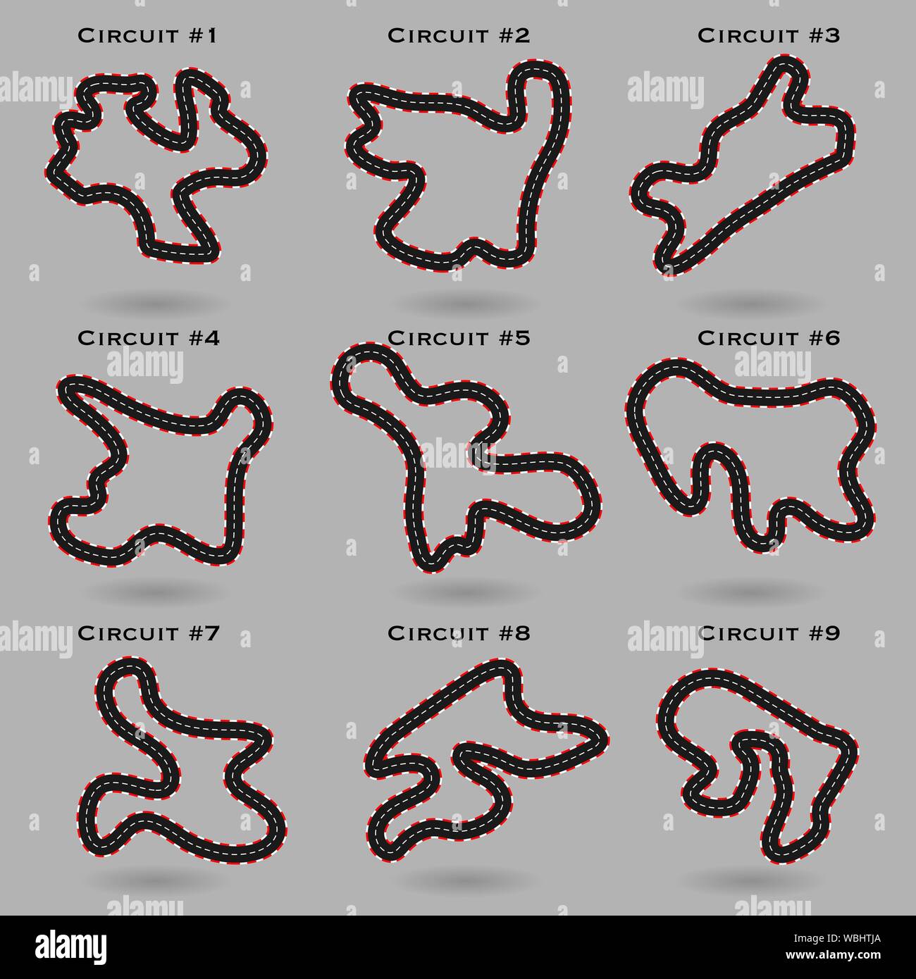 Set of different custom made race track maps with shadows isolated on gray background Stock Vector