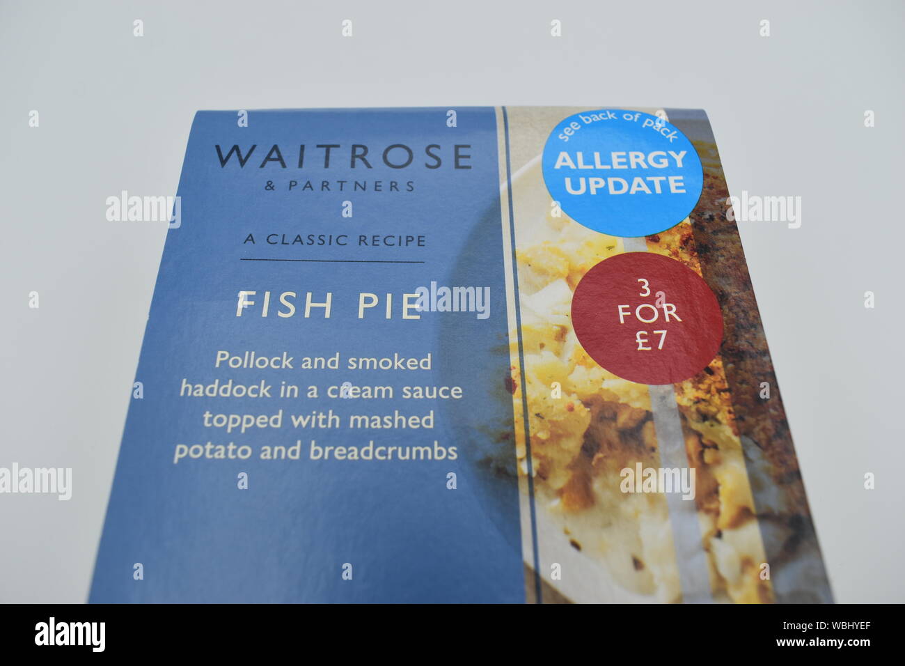 An allergy alert on a Waitrose ready meal - a fish pie. Stock Photo