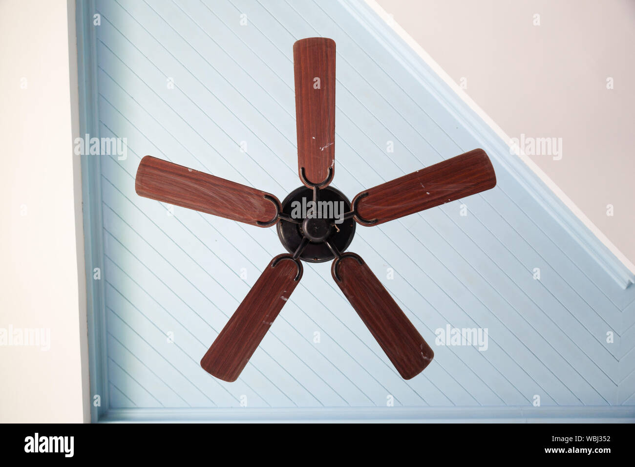 Low Angle View Of Electric Fan Hanging From Ceiling Stock Photo