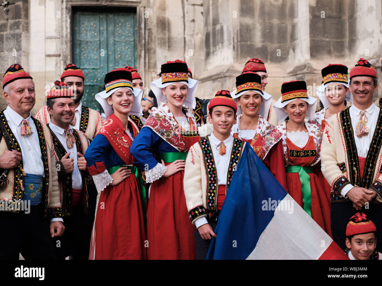 French Pyrenees Folklore group in local costume of the couserans posing during the costume show of Etnovyr Festival in street of Lviv. Ukraine Stock Photo