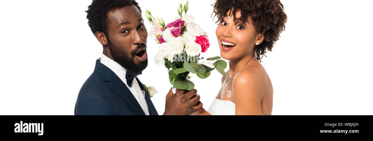 Panoramic Shot Of Surprised African American Bridegroom And Happy