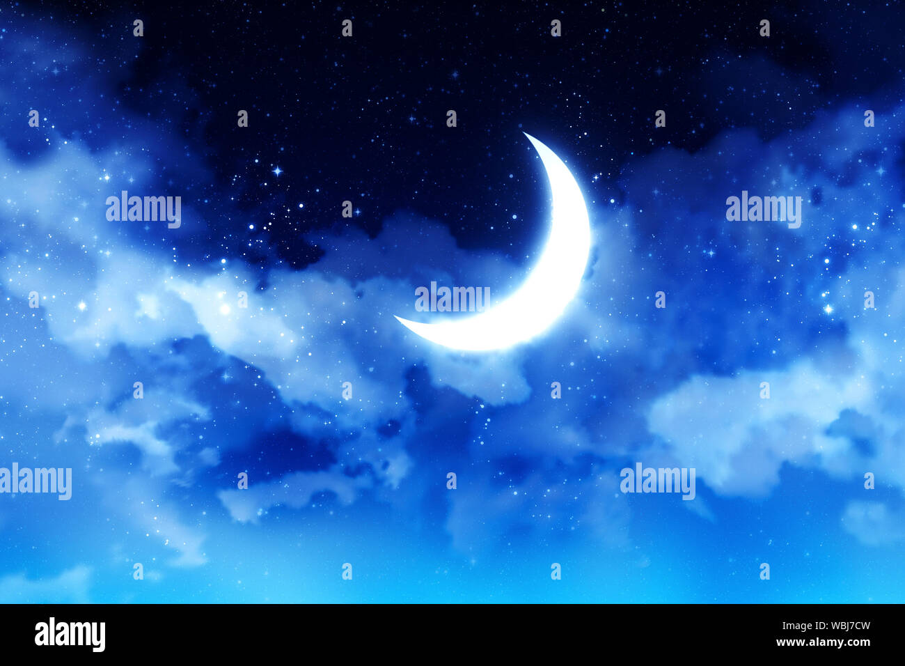 Fantasy crescent moon on blue starry sky with clouds background Stock Photo  - Alamy