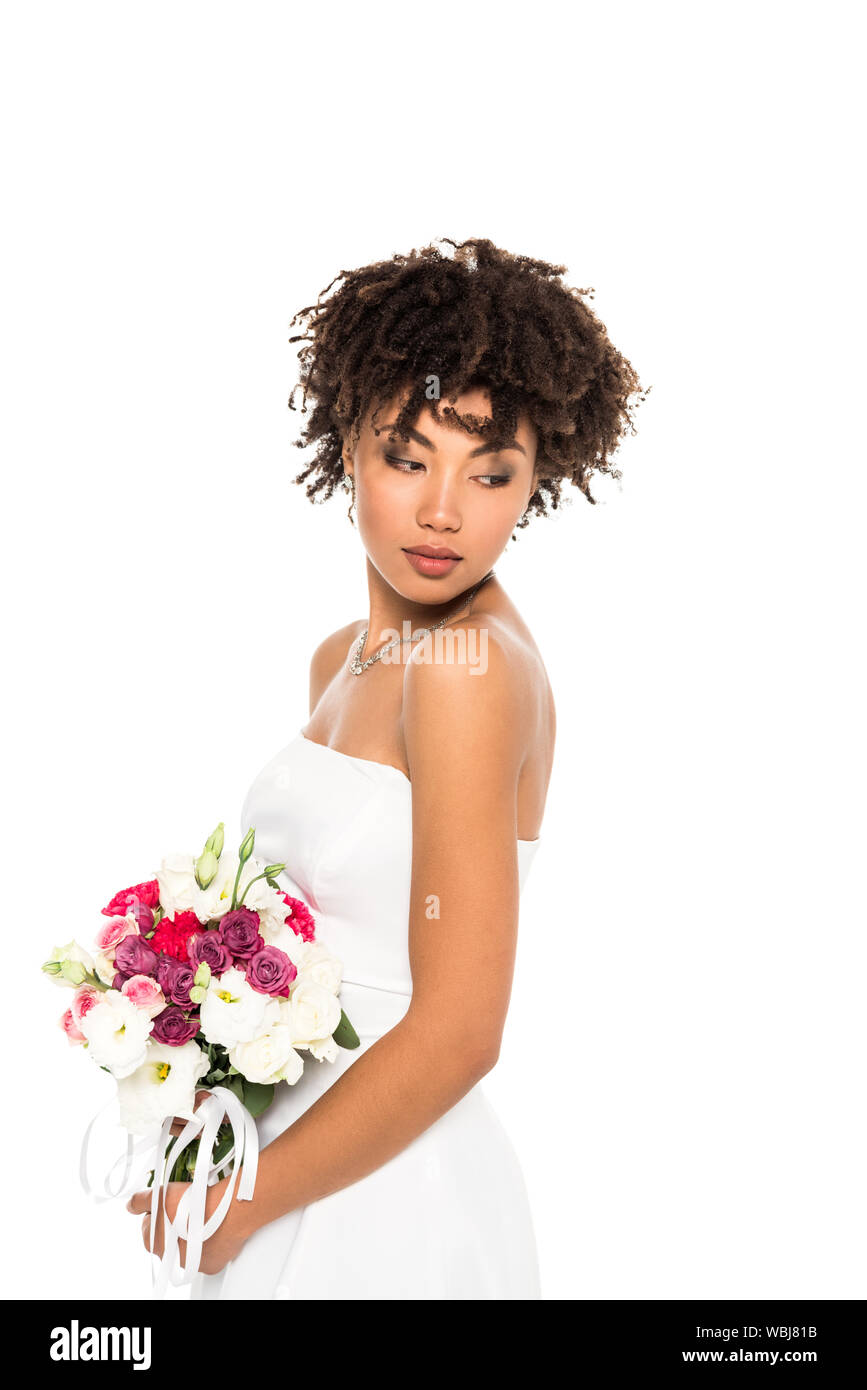Beautiful African American Girl In Wedding Dress Holding Bouquet