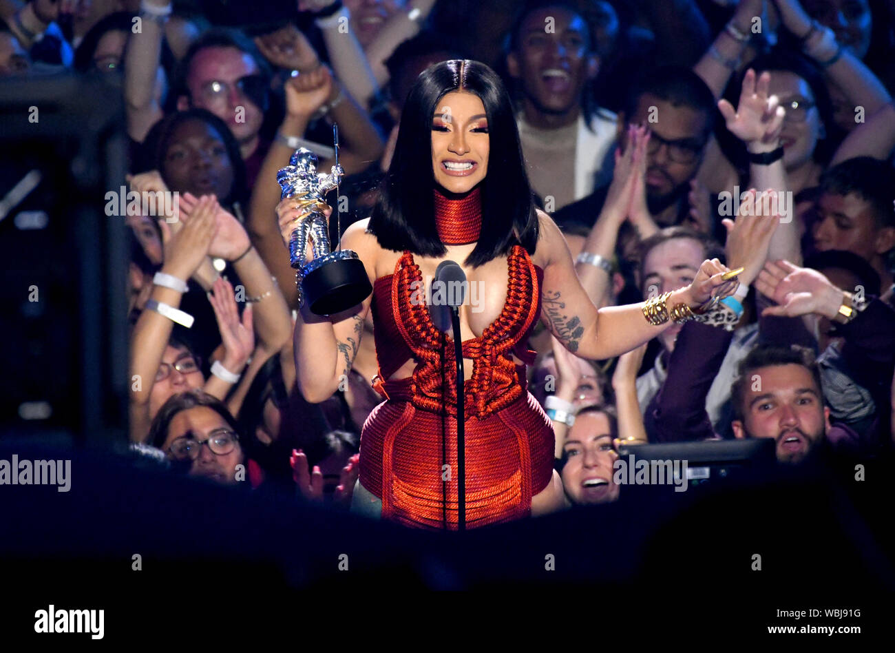 Cardi B collects her award for Best Hip Hop Video on stage at the MTV Video Music Awards 2019 held at the Prudential Center in Newark, New Jersey. Stock Photo