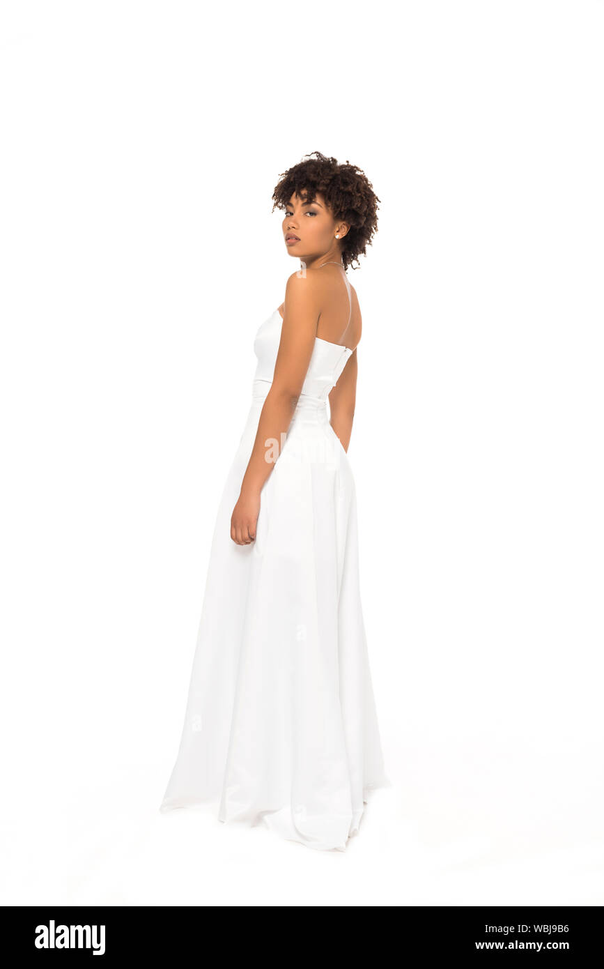 Attractive And Curly African American Bride Standing In Wedding