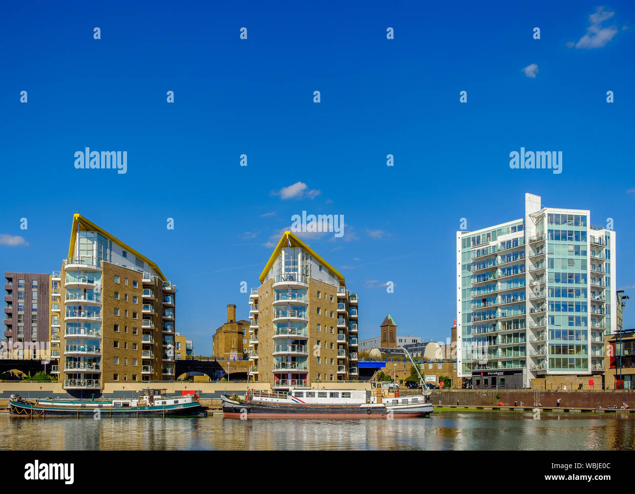 England, UK, Sept 2018, residential buildings built around Limehouse Basin Marina a gentrified area of East London Stock Photo