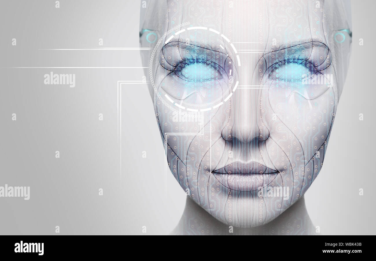 Beautiful cyborg female face with blue eyes. Over gray background. Stock Photo