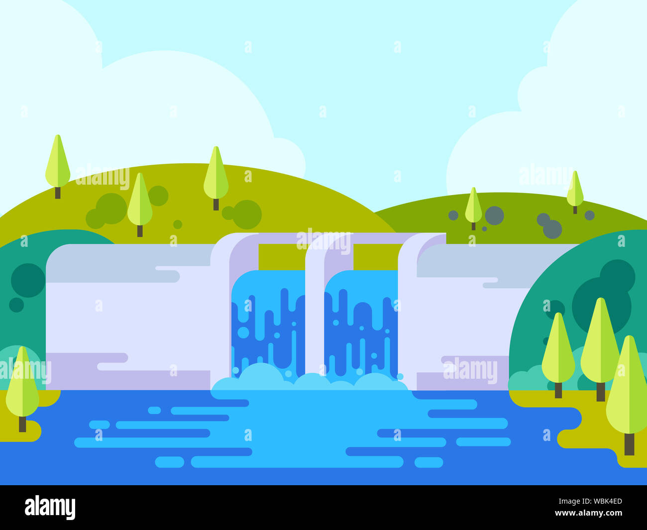 Front view of hydro power plant building with beautiful landscape, dam