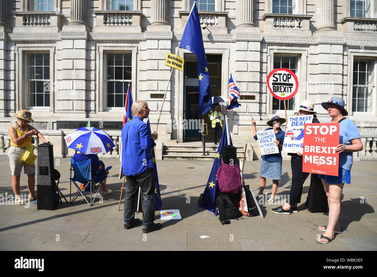 EU supporters outside the Cabinet Office in London, ahead of today's cross party meeting looking at ways to stop a no deal Brexit. Stock Photo