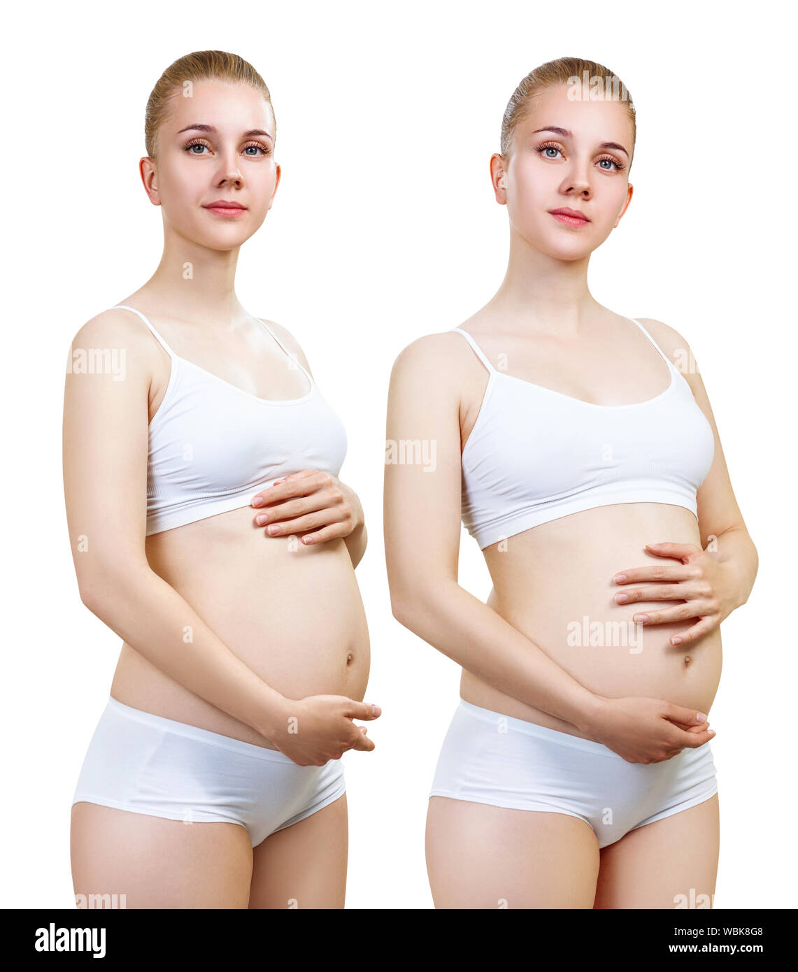 Collage of pregnant woman with belly in the early stages of pregnancy in  white underwear. Maternity concept. Isolated on white Stock Photo - Alamy