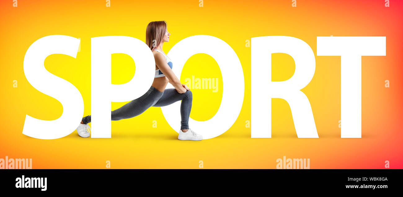 Creative collage of muscular athletic woman with the big word SPORT. Woman lunges over colorful yellow and orange background. Stock Photo