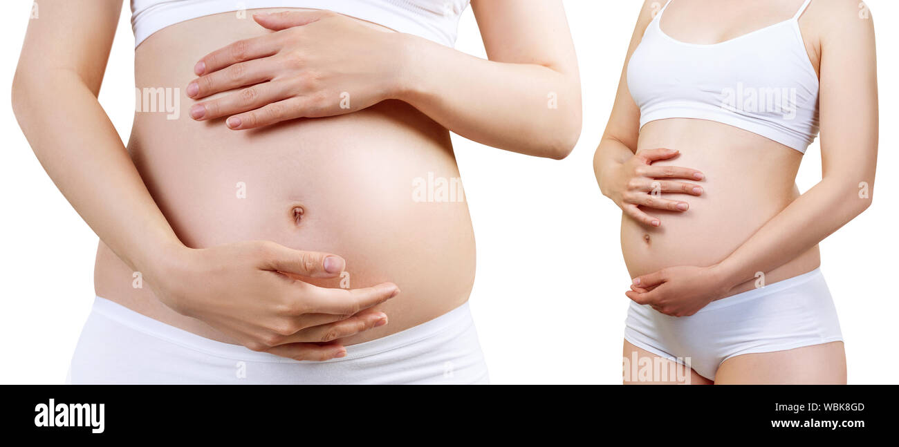 Collage of unrecognizable pregnant woman caress belly. Isolated on white. Stock Photo