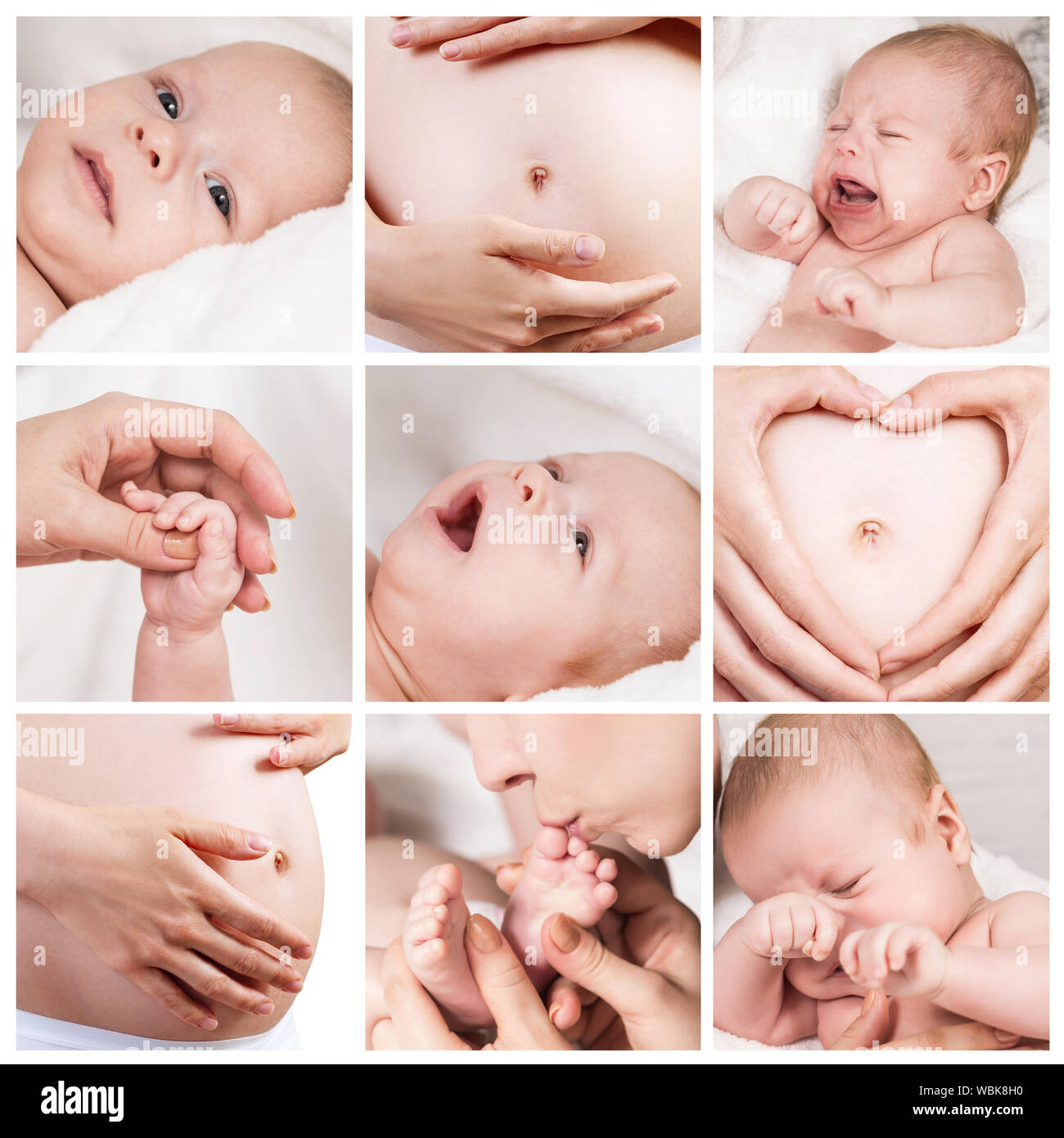 Collage of nine images with pregnant mother and cute baby. Motherhood. Maternity concept. Stock Photo