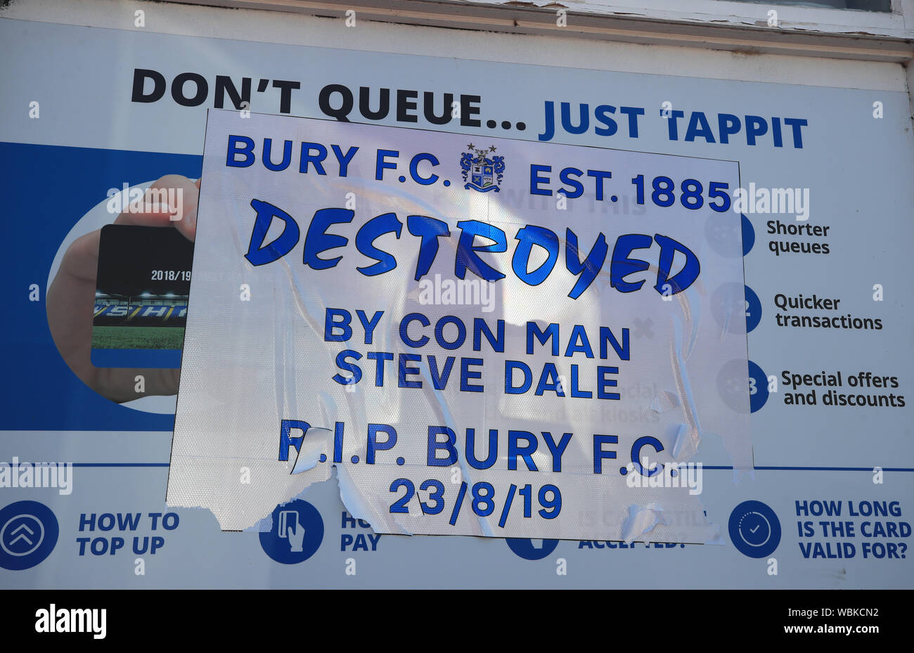 A sticker protesting against the current administration at Gigg Lane, Bury. Stock Photo