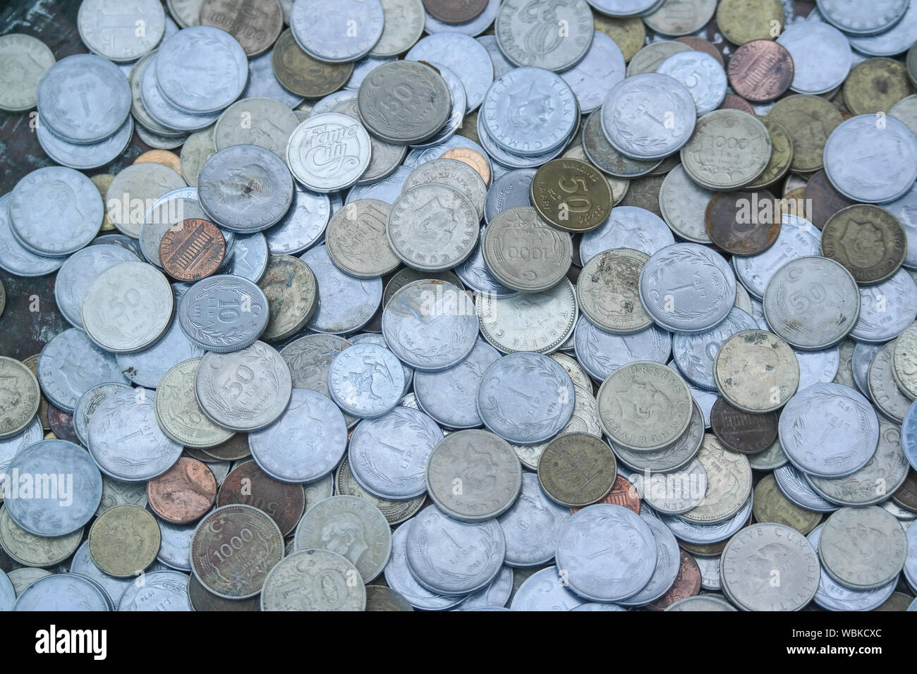 Old Turkish money at the antique shop in Istanbul, Turkey. Stock Photo