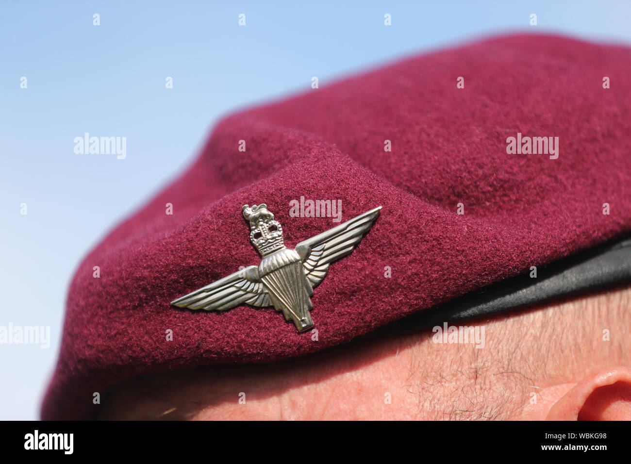 Detail from the 2nd Battalion, Parachute Regiment cap badge worn by some attending an inter-denominational prayer service held at Narrow Water close to Warrenpoint in Co Down to mark the 40th anniversary of the death of 18 soldiers on August 27, 1979. Stock Photo