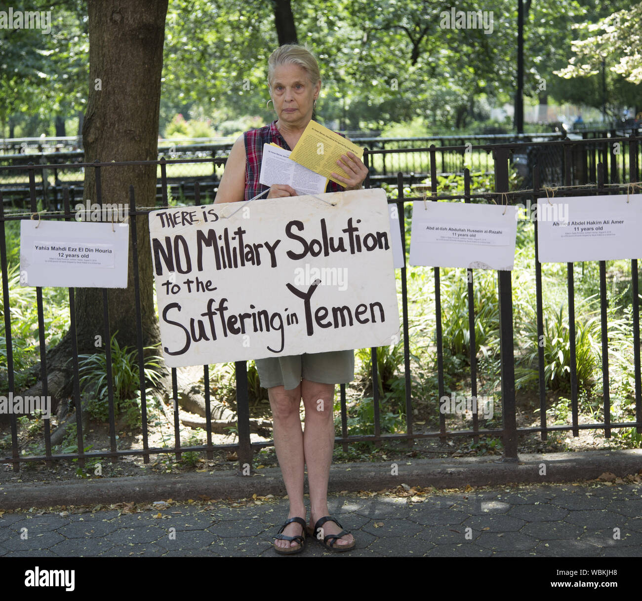 Members of 'The Catholic Workers' and other anti-war activists hold a vigil every Saturday in New York City to raise awareness of the terrible plight of the people of Yemen due to the bombings from Saudi Arabia backed by the US military. Stock Photo