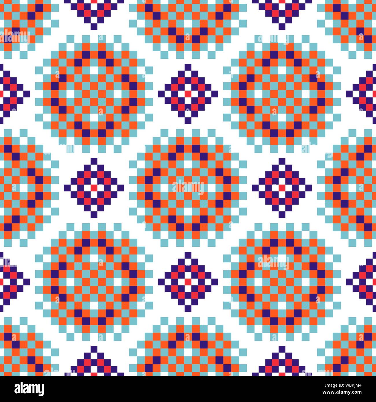 Rosette shapes folk seamless vector pattern pixelated texture. Stock Vector