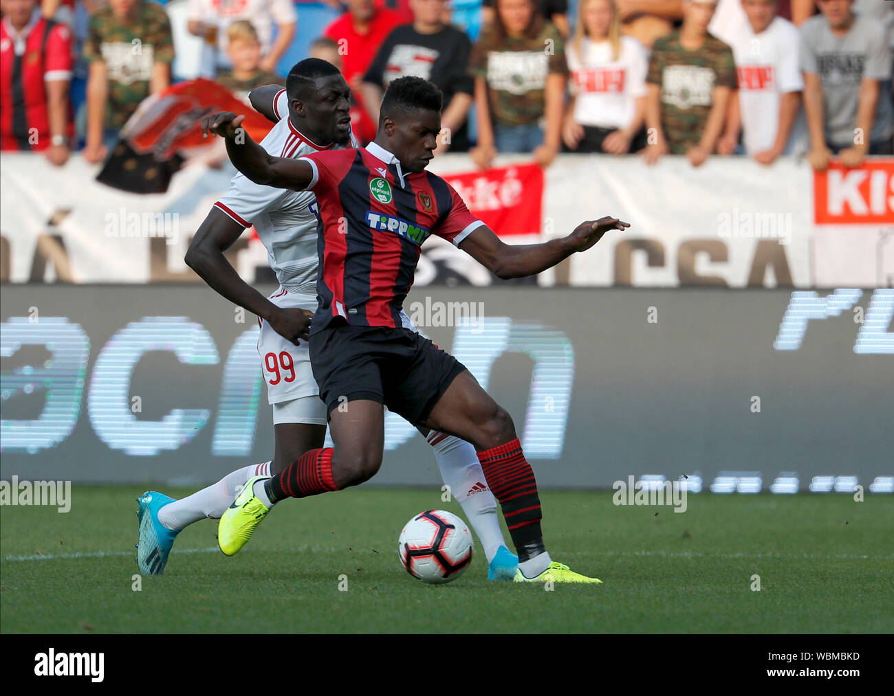BUDAPEST, HUNGARY - AUGUST 24: (r-l) MacDonald Niba of Budapest Honved covers the ball from Haruna Garba of DVSC during the Hungarian OTP Bank Liga match between Budapest Honved and DVSC at Nandor Hidegkuti Stadium on August 24, 2019 in Budapest, Hungary. Stock Photo