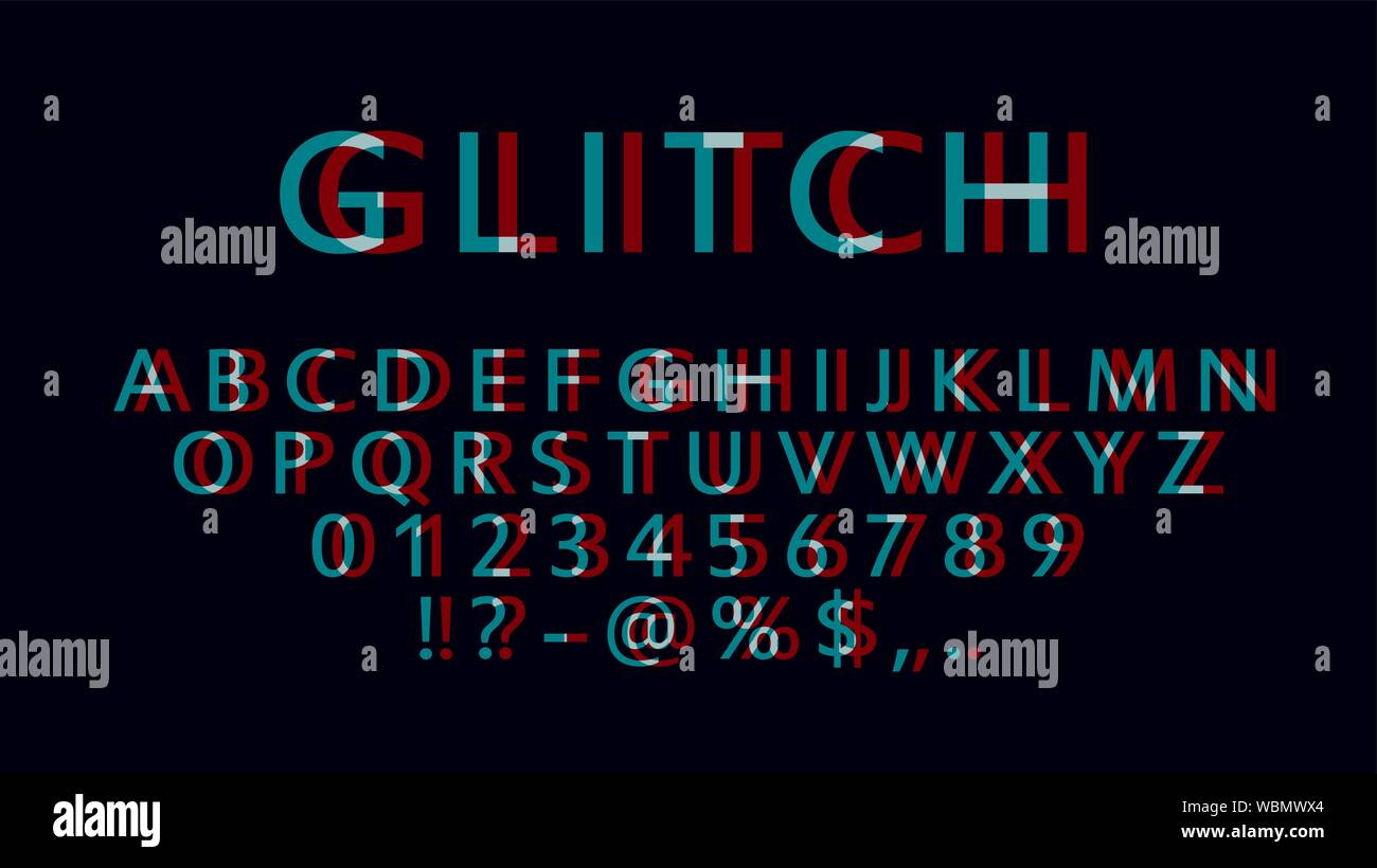 English letters, numbers and symbols with glitch effect. Font witn ...
