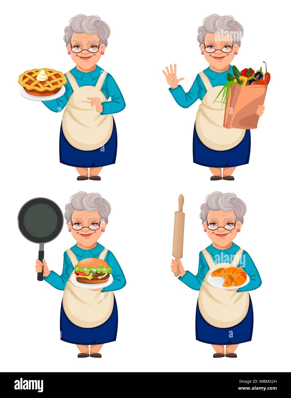 Happy Grandparents Day. Old cute woman grandmother, set of four poses. Vector illustration on white background Stock Vector