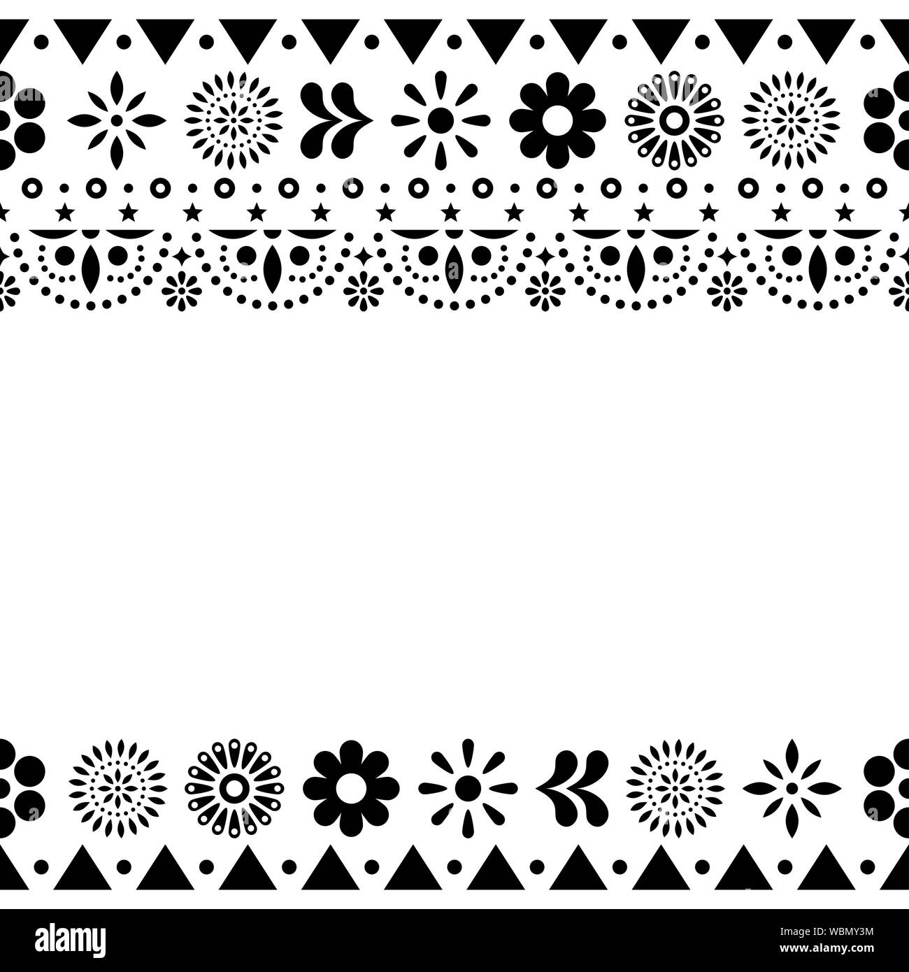 Mexican vector greeting card on invitaitons wtih flowers and abstract shapes in black and white Stock Vector