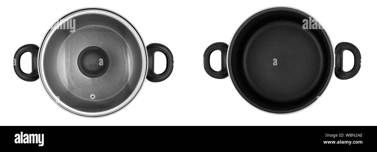 Top view of set of images of cooking pot (pan) with and without lid isolated on white background Stock Photo
