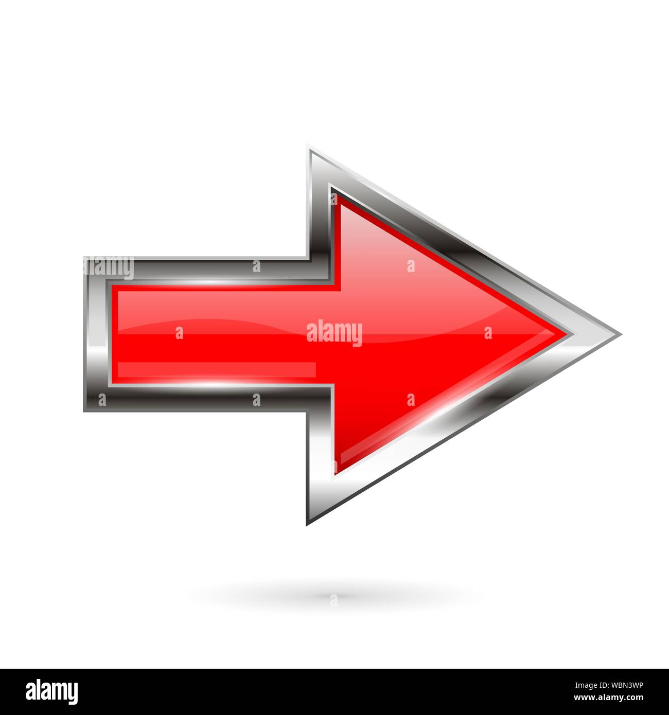 Red arrow. 3d shiny glass icon with chrome frame Stock Vector