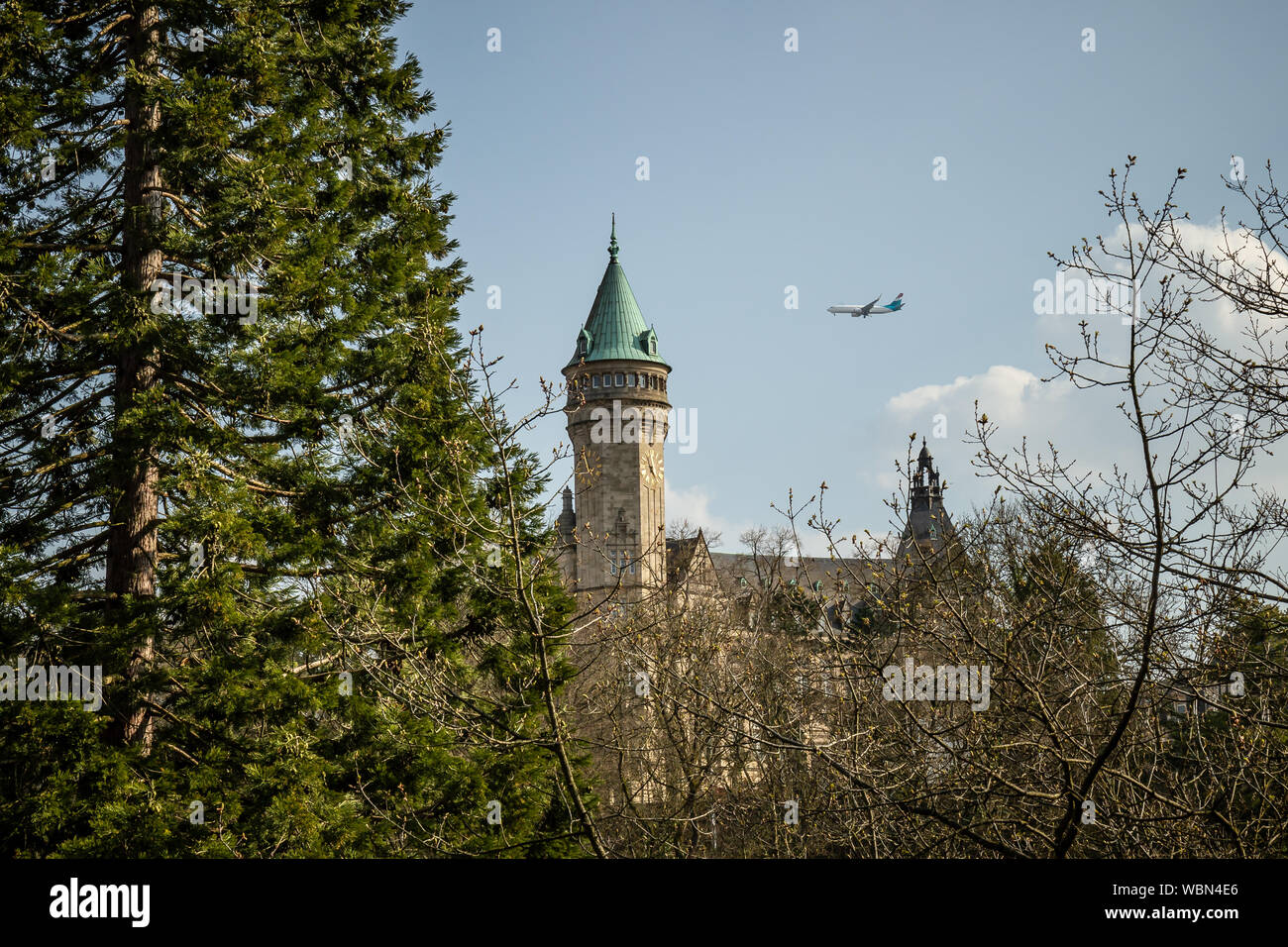 Airplane approaching to airport of Luxembourg city, Luxembourg Stock Photo