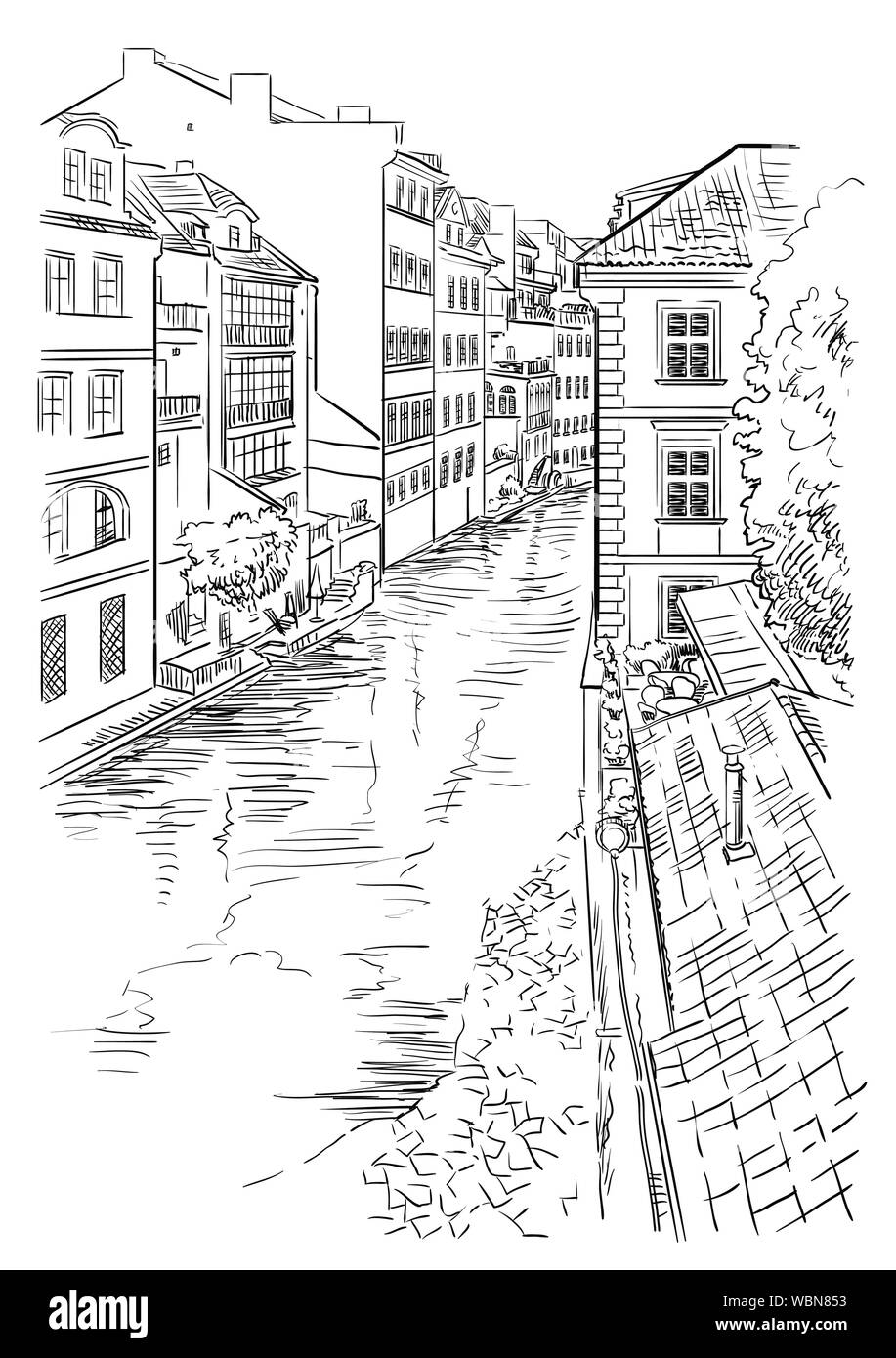 Vector hand drawing Illustration of Certovka Canall in Prague. Landmark of Prague, Czech Republic. Vector illustration in black color isolated on whit Stock Vector