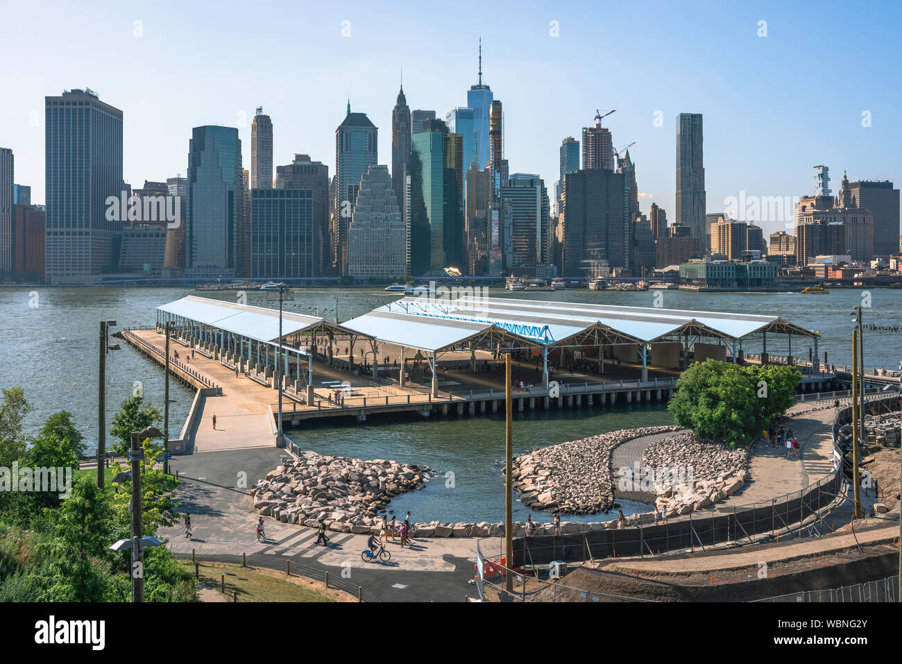Pier 2 Brooklyn, view in summer of Pier 2 along the East River waterfront in Brooklyn, New York City, USA Stock Photo